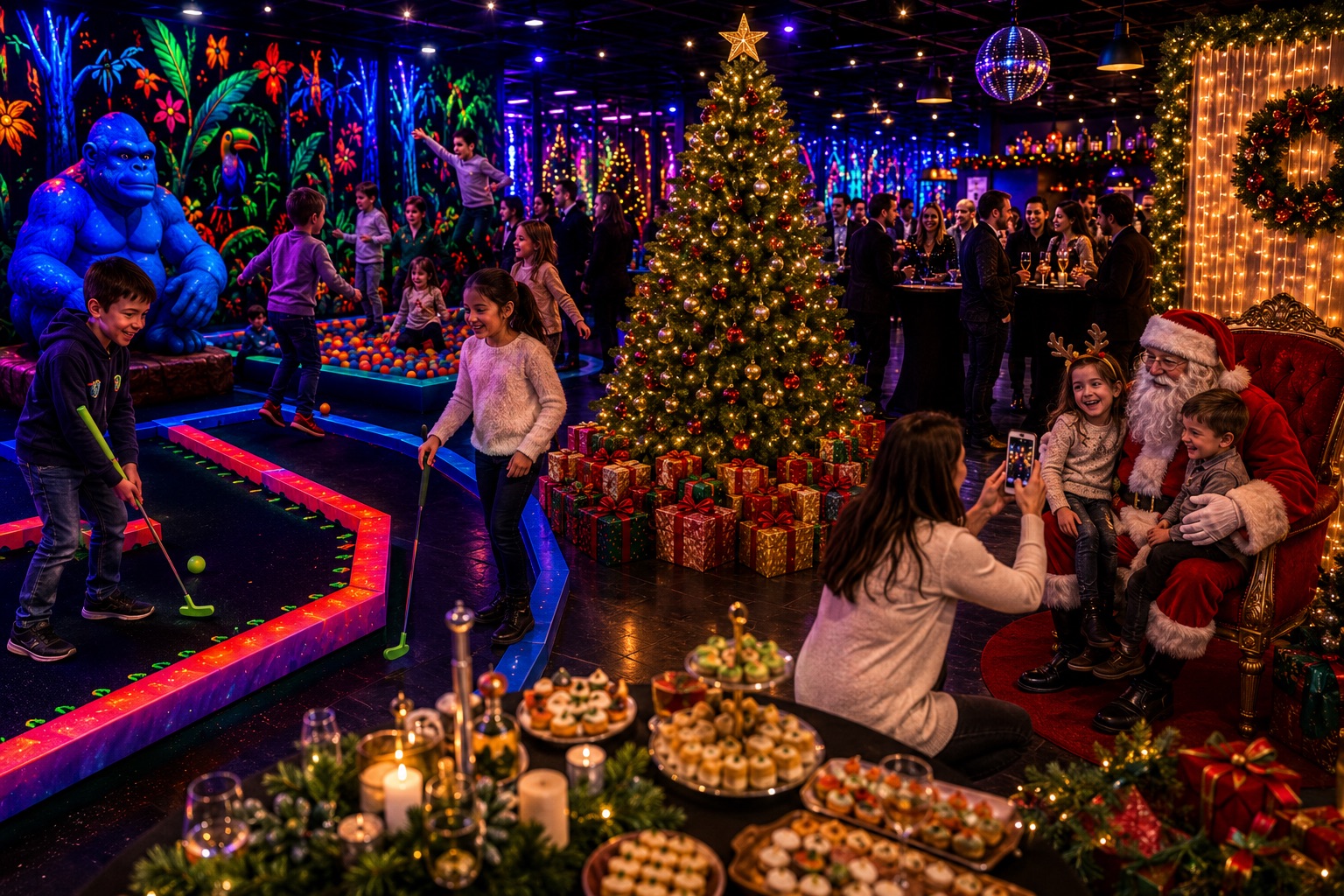 Arbre de Noël fluo chez Goolfy à Plan de Campagne : sapin illuminé, Père Noël et mini-golf décoré